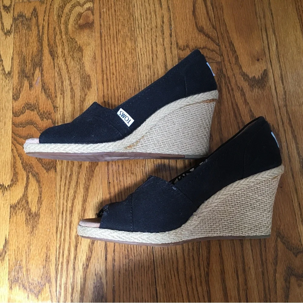 Toms Black Canvas Wedge Open Toe Shoes